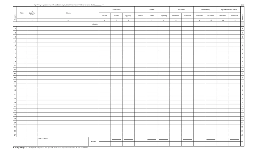 Naplófőkönyv a számviteli törvény szerinti egyes egyéb szervezetek részére