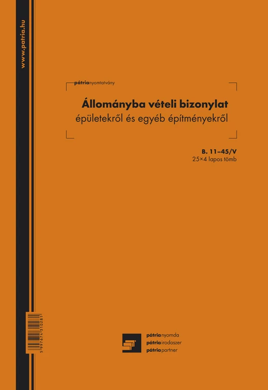 Állománybavételi bizonylat épületekről és építményekről 25x4 lapos tömb A/4 álló