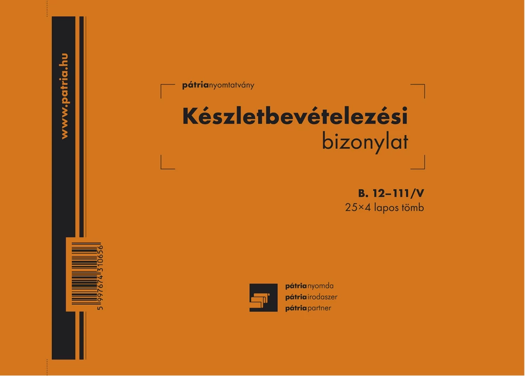 Készletbevételezési bizonylat 8 tételes 25x4 lapos tömb A/5 fekvő
