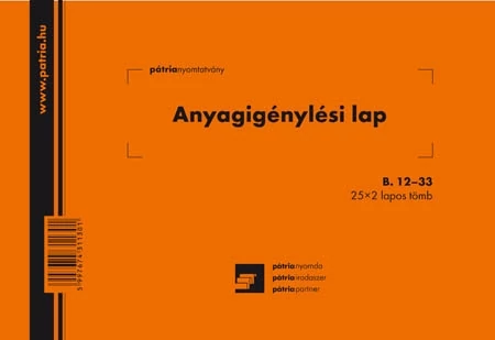 Anyagigénylési lap 8 tételes 25x2 lapos tömb A/5 fekvő
