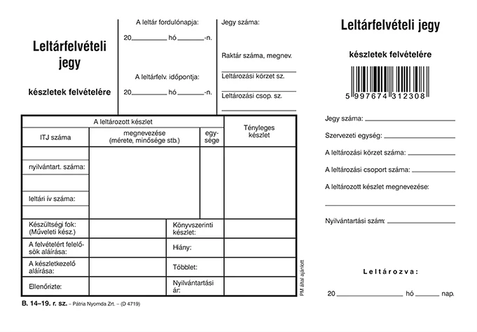 Leltárfelvelvételi jegy készletek felvételére 100 lapos tömb A/5 fekvő