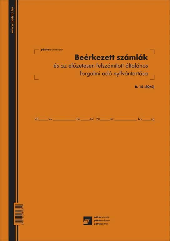 Beérkezett számlák és az előzetesen felszámított általános forgalmi adó nyilvántartó 50 lapos füzet 3 Áfás 240x340 mm