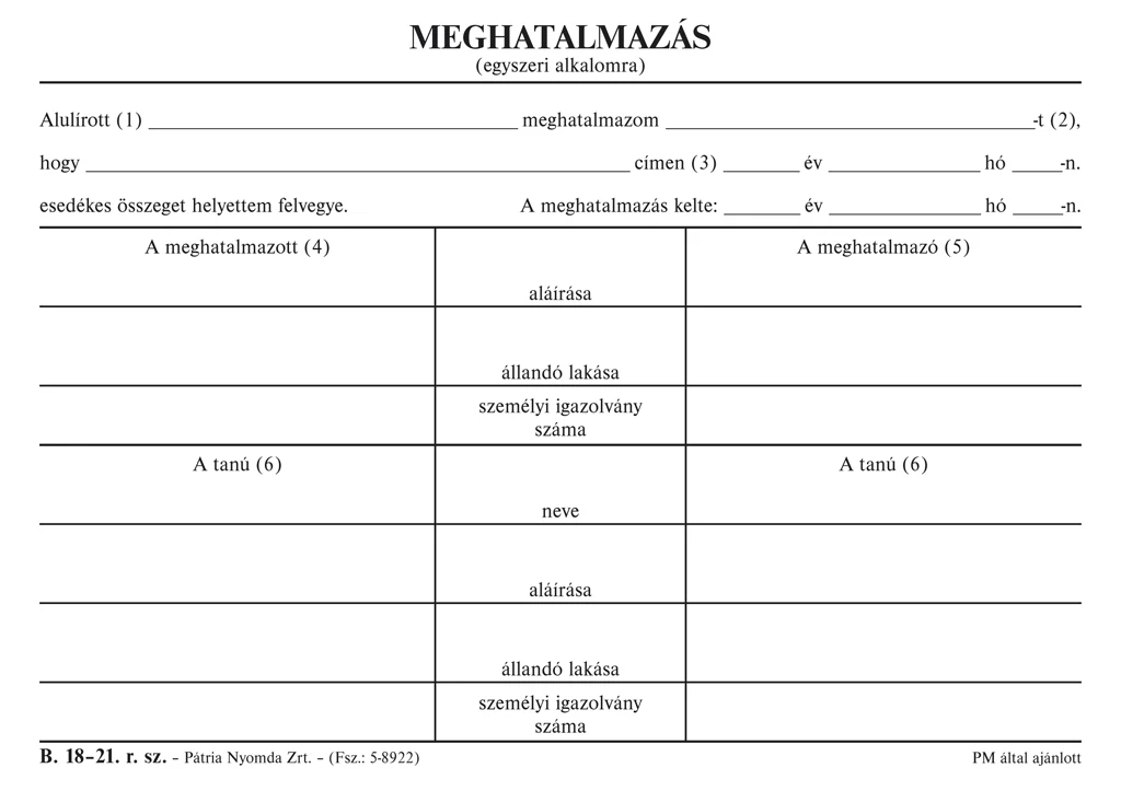 Meghatalmazás egyszeri alkalomra szabadlap 170x120 mm