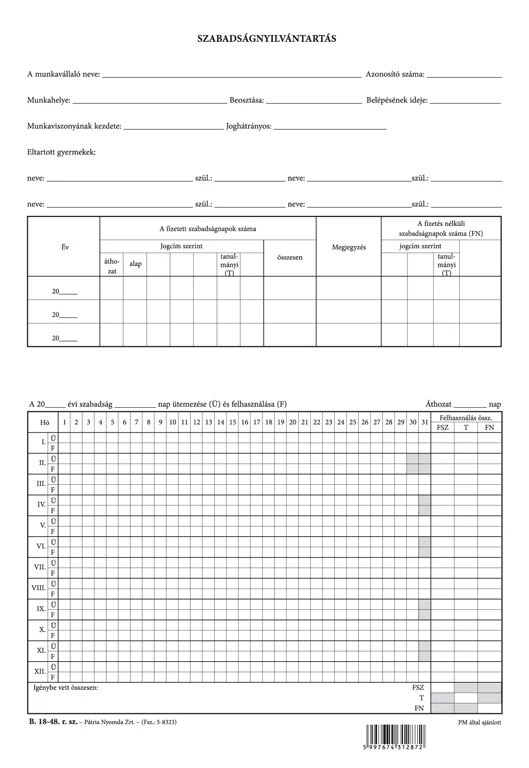 Szabadságnyilvántartás szabadlap A/4 álló