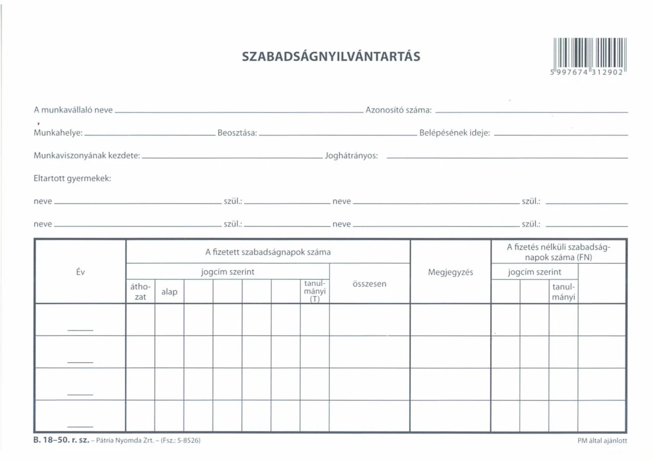 Szabadságnyilvántartás A/5 fekvő