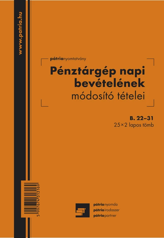 Pénztárgép napi bevételének módosító tételei 25x2 lapos tömb A/5 álló