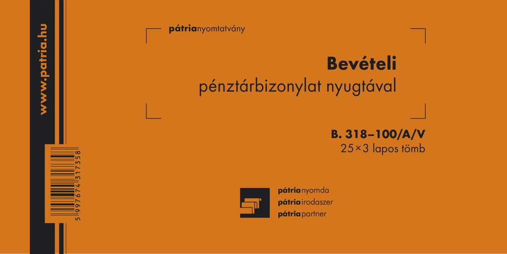 Bevételi pénztárbizonylat nyugtával 25x3 lapos tömb 203x102 mm