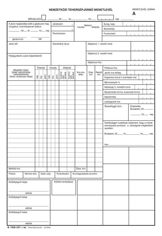 Nemzetközi tehergépjármű menetlevél szabadlap A/4 álló