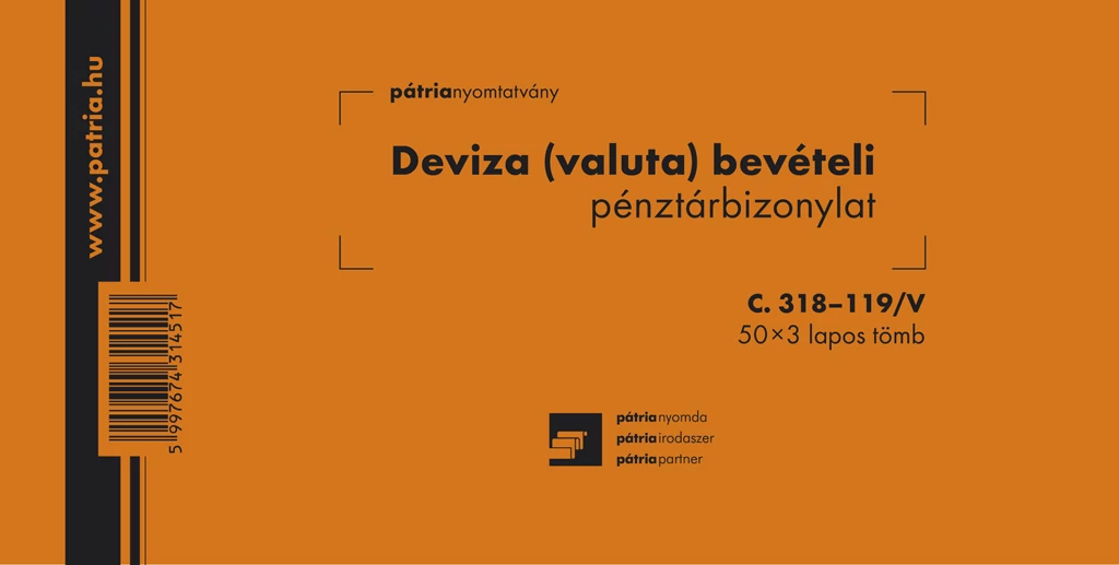 Deviza (valuta) bevételi pénztárbizonylat 50x3 lapos tömb 203x102 mm