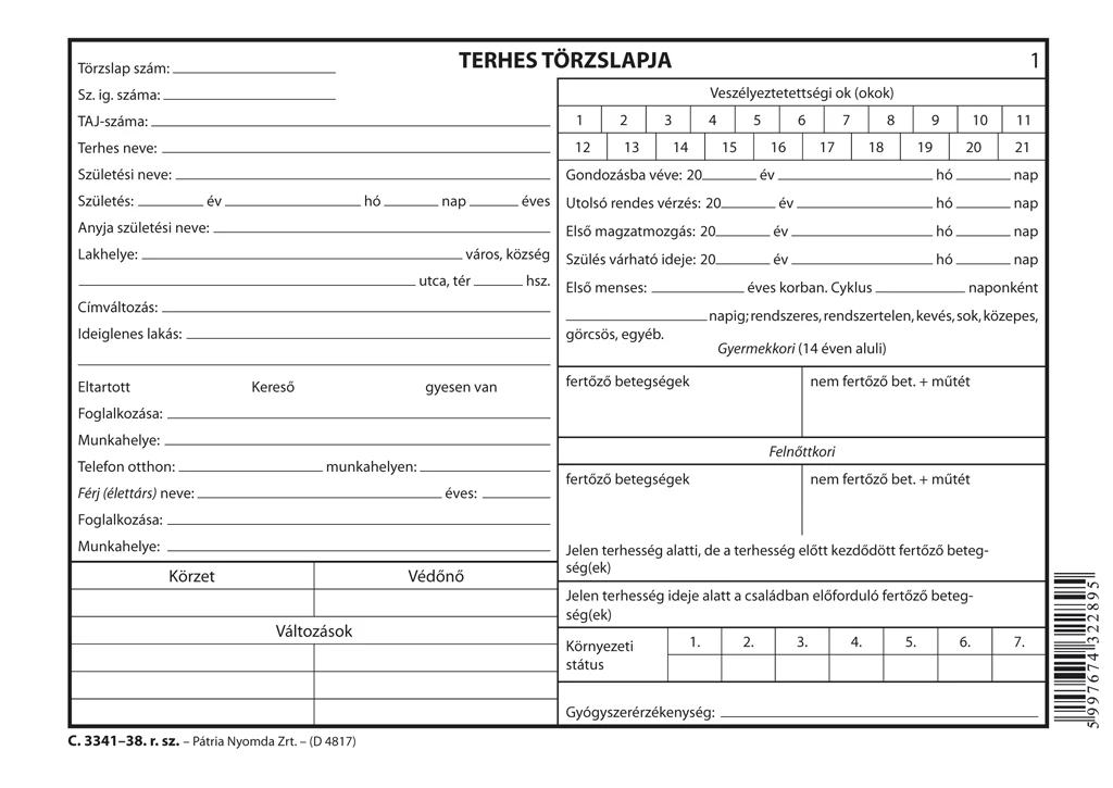 Terhes törzslap 6 lapos füzet A/5 fekvő