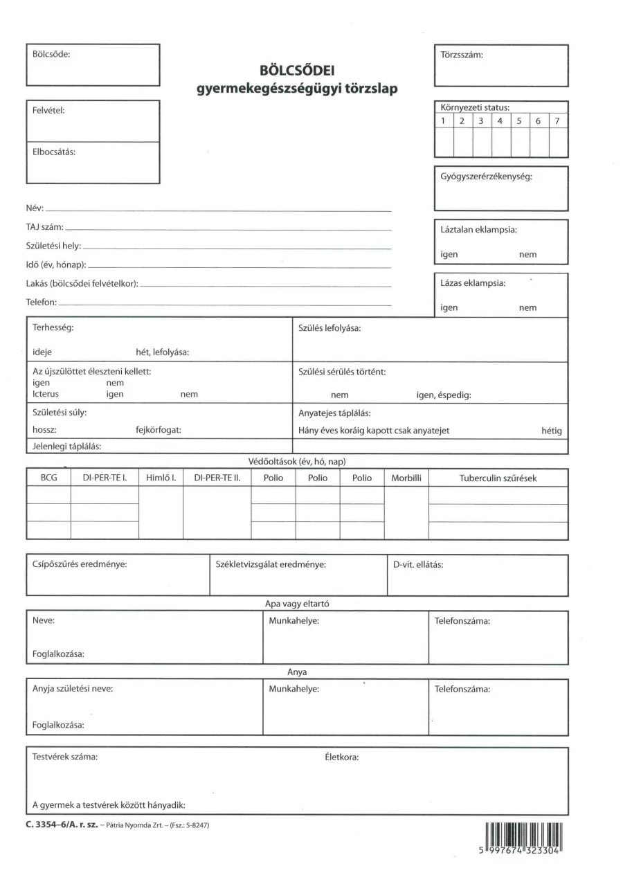 Bölcsődei gyermekegészségügyi törzslap 5 lapos garnitúra