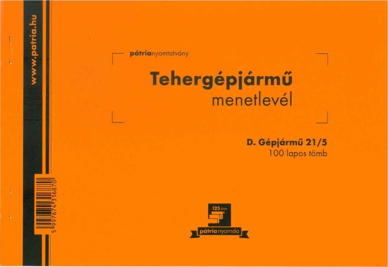 Tehergépjármű menetlevél 100 lapos tömb A/5 fekvő