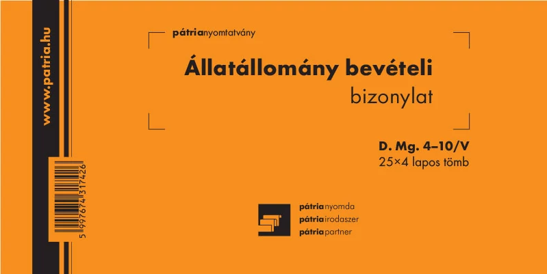 Állatállomány bevételi bizonylat 25x4 lapos tömb 203x102 mm