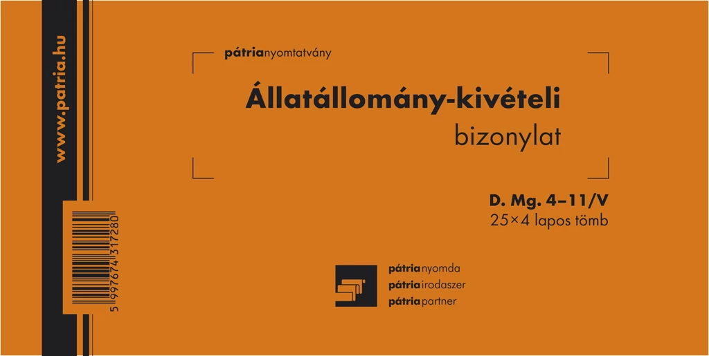 Állatállomány kivételi bizonylat 25x4 lapos tömb 203x102 mm