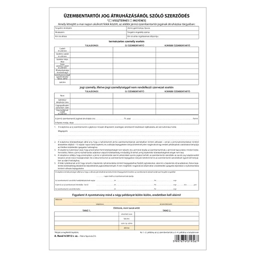 Üzembentartói jog átruházásáról szóló szerződés 4 lapos garn. A/4