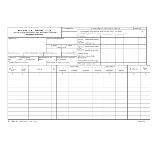 Beruházások tárgyi eszközök egyedi nyilvántartó lapja A/4 fekvő