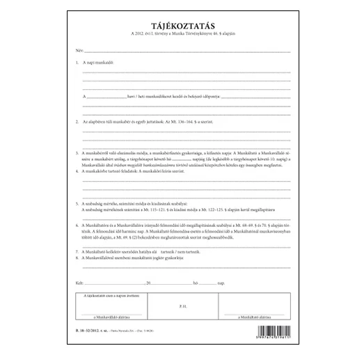 Tájékoztatás (munkaszerződéshez) 3 lapos garn. A/4 álló