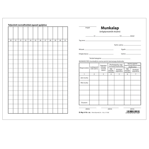 Munkalap erőgépvezetők részére szabadlap A/5 álló