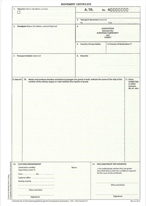 Szállítási bizonyítvány (Török) 2 pld-os